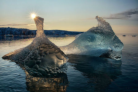 In the quiet hours of the Arctic, the sun casts a golden sheen over the sculptural icebergs floating in the glacial lagoon. This photograph captures the intricate details and textures of the ice, shaped by the relentless forces of nature. The interplay of light and shadow, along with the reflections in the still waters, highlights the ephemeral beauty of these frozen titans against the stark Arctic landscape.
