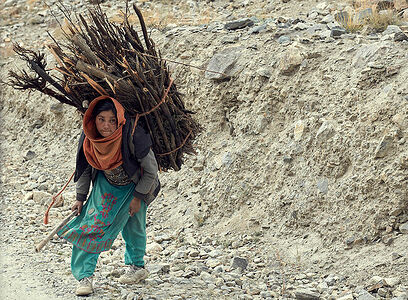Captured against the stark mountainous terrain of Pakistan, a woman carries the weight of gathered wood, her gaze as determined as her stride. This powerful image speaks to the daily perseverance of the local people, whose vibrant clothing contrasts with the muted earth tones of their surroundings