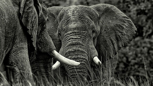 Захватывающий черно-белый портрет африканского слона, его текстурированная шкура и бивни показаны с драматическим контрастом. Пронзительный взгляд слона передает мудрость и властное присутствие в его естественной среде обитания.