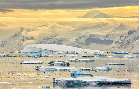 The first light of dawn breaks through the Antarctic sky, illuminating the scattered icebergs adrift in the calm sea and the distant mountains shrouded in clouds. The ethereal glow of the rising sun casts a warm hue over the frozen landscape, offering a moment of sublime beauty. This photograph captures the silent splendor of the Antarctic morning, a serene yet dynamic landscape that stirs the imagination.