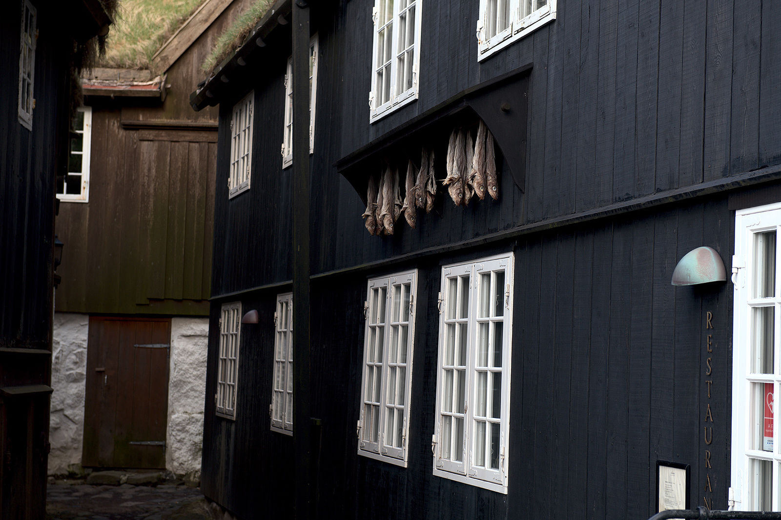 На этой работе крупным планом изображены традиционные деревянные дома Фарерских островов, покрытые черной смолой, с белыми окнами и сушащейся рыбой - свидетельство рыбацкого наследия островов. Травяные крыши сливаются с окружающей средой, демонстрируя уникальные культурные и архитектурные традиции этого удаленного архипелага.