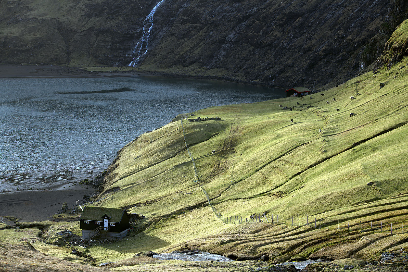 A picturesque scene unfolds with traditional Faroe Island cottages nestled in a lush green valley. A cascading waterfall serves as a backdrop, enhancing the sense of isolation and harmony with nature. This image captures the essence of Faroese landscapes, ideal for those seeking a visual escape into the unspoiled.